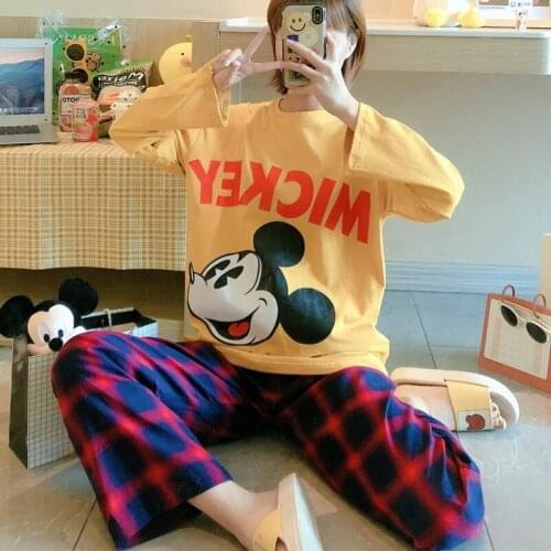 Disney Mickey Mouse Pajamas Set Female Winter and Autumn New Womens Casual Long Sleeve Tshirt and Plaid Pants Sleepwear Woman