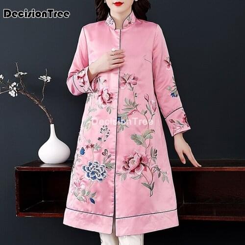 2021 vintage floral embroidery qipao elegant women cheongsam mandarin collar robe satin chinese tang suit dress vestidos