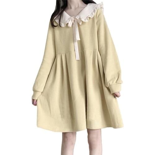 Winter Lolita Kawaii Casual Dress Teen Girls Japanese Cute Peter Pan Collar Tie Bow Women Sweet Long Sleeve Yellow Knitted Dress