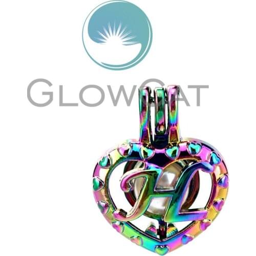 10Pcs/Lot Rainbow Heart Shaped A-P 26 Letters Alphabet Beads Cage Charms Making Essential Oil Pearl Charms Locket Jewelry Diy