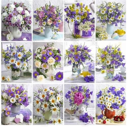 5D Diamond Embroidery Cross Stitch Daisy Vase Diamond Painting Full Square Round Flower Mosaic Home Decor Hanging Pictures Gift