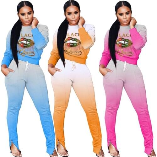 Adogirl Autumn Casual Women Set Letter Lips Gradient Print Sweatshirts Jogger Pants Two Pieces Set Tracksuits Sport Outfits