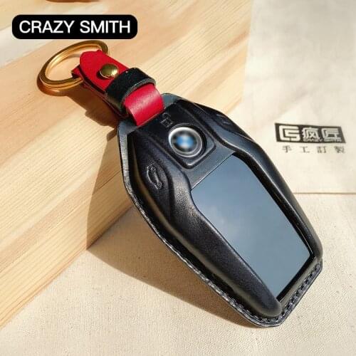 Crazy Smith Car Key Cover for BMW X3\X4\X5\X6\X7 Handmade Crafts Vegetable Tanned Leather High Quality Gifts for Family Black