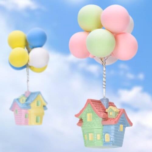 1Piece Resin Material Tabletop Decorative Blue Roof And Pink Roof Flying Micro Landscape Decoration With A Balloon Chimney