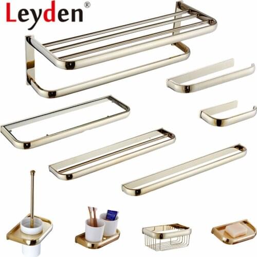 Leyden Gold Finish Toilet Paper Holder Towel Bar Bath Robe Hook Wall Mounted Solid Brass Towel Hanger Bathroom Accessories Set