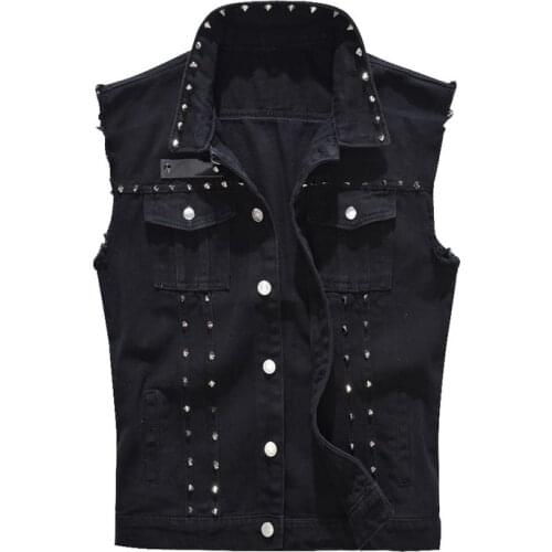 Hip Hop Denim Vest Men Punk Rock Rivet Cowboy Black Jeans Waistcoat Streetwear Men Motorcycle Sleeveless Jean Jacket Gilet