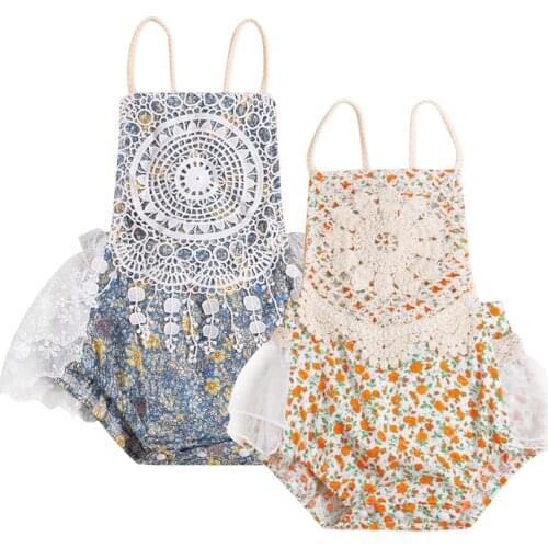 FOCUSNORM Summer Infant Baby Girls Sweet Rompers 0-24M Sleeveless Lace Floral Printed Tassel Jumpsuits 2 Colors