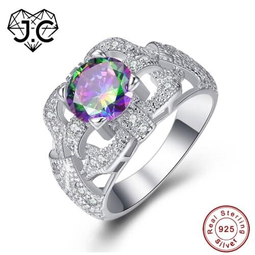 J.C Round Cut Rainbow & Pink Topaz Solid 925 Sterling Silver Ring For Women Wedding Engagement Party Fine Jewelry Size 6 7 8 9