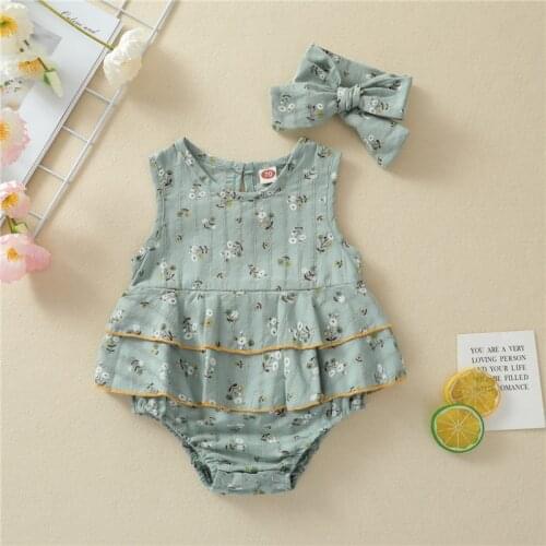 2pcs Jumpsuits Clothings Suits Newborn Infant Baby Girls Summer Floral Sleeveless Romper+Headwear Cotton Ruffles Jumpsuits