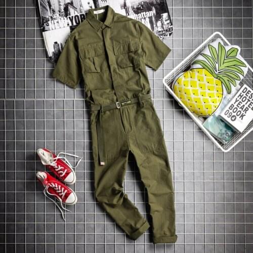 Mens Summer Short Sleeve Safari Style Overalls Green Black Casual Pants F3