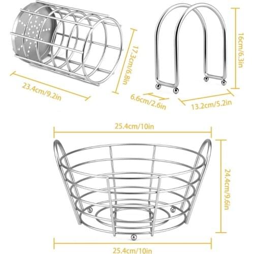 68UC Set of 3 Stainless Steel Napkin Holder Utensil Caddy Fruit Basket Kitchen Counter Home Organizer