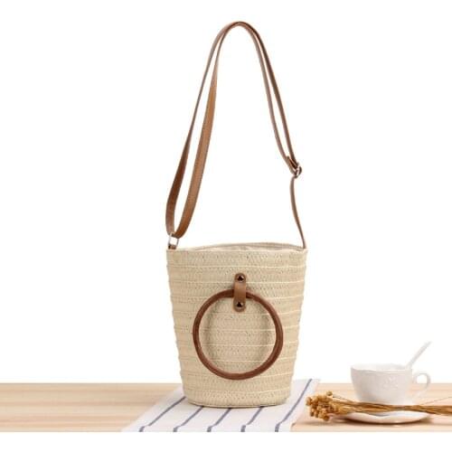 2021 New Casual Bohemian Women Handbag With Wooden Ring Handle High Quality Ladies Crossbody Bucket Bag PU Leather Long Strap