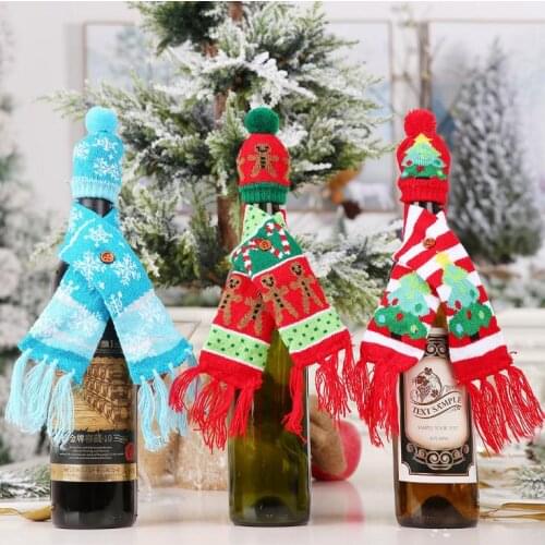 New Knitted Scarf Button Wine Bottle Cover Christmas Ornaments Gingerbread Man Snowflake Tree Scarf Hat Cover SN3440