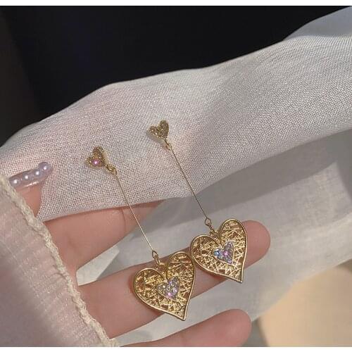 Huge Bud Female Crystal Heart Drop Earrings Gold Color Zircon Stone Earrings Hanging Dangle For Women Fashion Jewelry Accessory