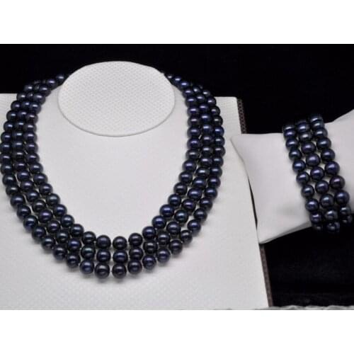 Noble Triple strand 7-8MM black pearl necklace &bracelet set