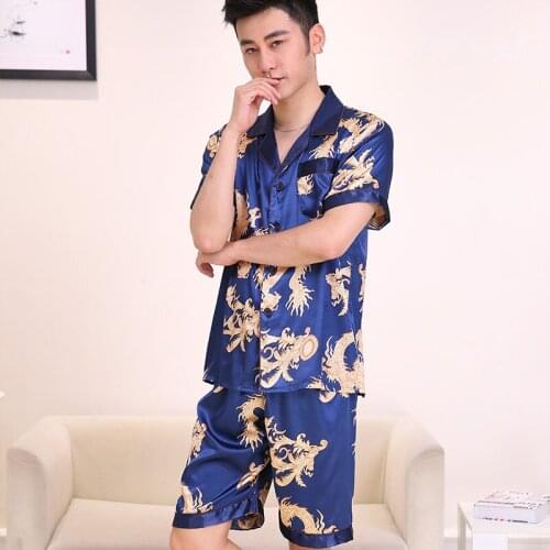 Men summer luxury Silk like Pajamas Sets Two Pieces Male Sleepwear short sleeve shirts + short pants prints Home Clothing