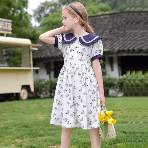 Summer Casual Dress For Girls Turndown Collar Floral Print Knee Length Gowns Kids Outdoor Holiday Vacation Dresses Clothes