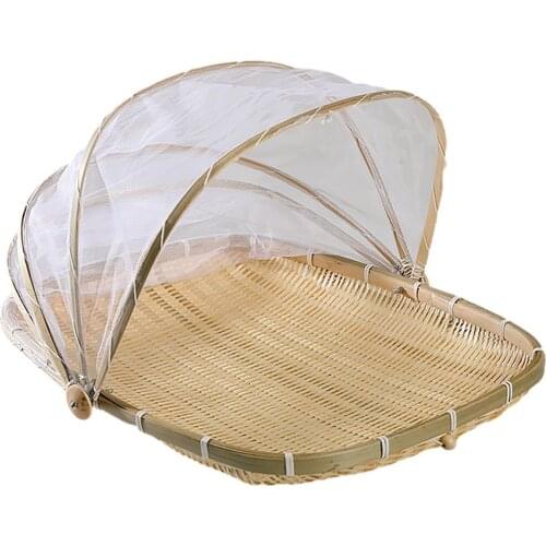 Wicker Basket With Gauze Hand-woven Dustproof Bug-proof Picnic Picnic Fruit Tray Food Bread Dishes Cover Storage Organizer 2021