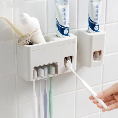 White Wall Mounted Auto Squeezing Toothpaste Dispenser Device Bathroom Toothbrush Holder Set Women Cosmetic Shelf Storage Rack