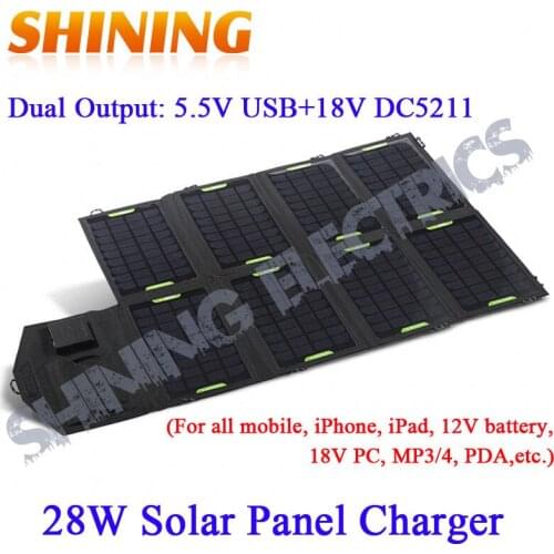 28W 18V Folding Foldable Solar Panel Sun Charger Bag, 5V & 18V Double Output Solar Mobile 12V Battery MP3/4 Camera PDA Charger