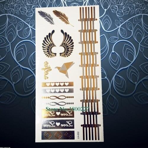 1PC Fashion Body Art Tatoos For Lover Gold Metallic Tattoo Wing Feather Design Waterproof Henna Temporary Tattoo Paste Men Women