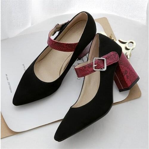 Square Heels Pointed Toe Pumps Shoes Women Spring Leather Med Heels Casual Office Lady Comfortable fashion high heels