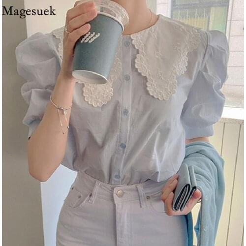 Korean Fashion Turn-down Collar Embroidery Women Blouses Summer Short Sleeve Loose Shirts Female Sweet Solid Tops Blusas 13846