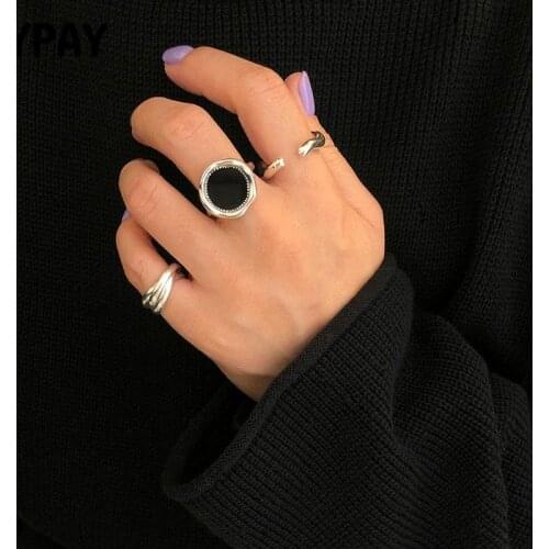 YPAY 100% Authentic 925 Sterling Silver Open Rings for Women Korea Irregular Geometric Black Glue Tin Foil Ring Jewelry YMR1058
