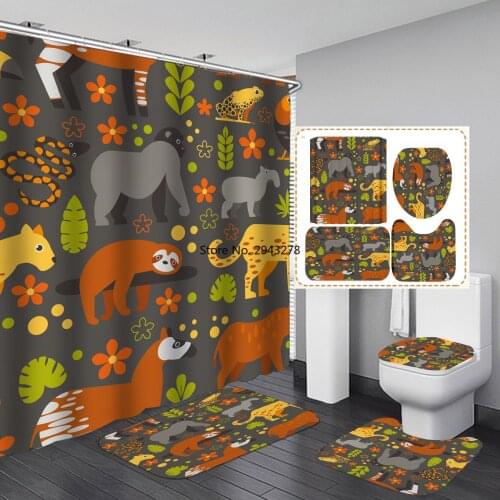 3D Cute Sloth Printed Waterproof Fabric Bathroom Curtain Shower Curtains Set Anti-skid Rugs Toilet Lid Cover Bath Mat