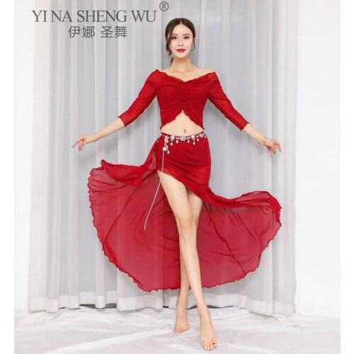 Women Belly Dance Costume Practice Dancing Wear Oriental Dance Clothing Long Wrap Hip Dress Sexy Silver New Mesh Transparent Set