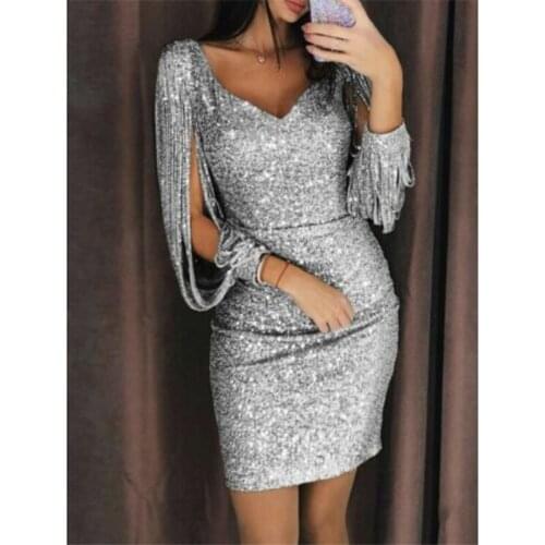 Hot Sale Women Summer Dress Sequins Long Sleeve Bodycon Party Cocktail Short Mini Dresses 2019 Bandage Tassel Club Pencil Dress