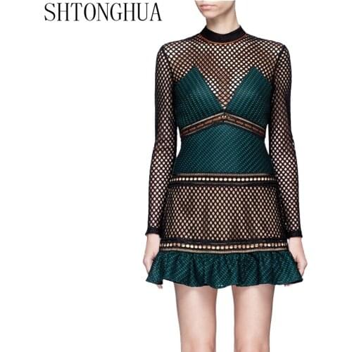 SHTONGHUA 2019 Summer Women Party Dress Self Portrait Runway Black Green Patchwork Long Sleeve Lace Hollow Out Mermaid Dresses