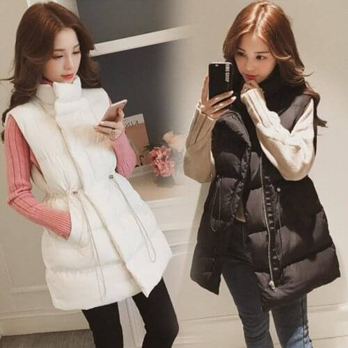 Winter Women Jacket Medium Length Vest Loose Drawstring Stand Collar Koreaning Down Cotton Padded Windproof Warm Female Coat