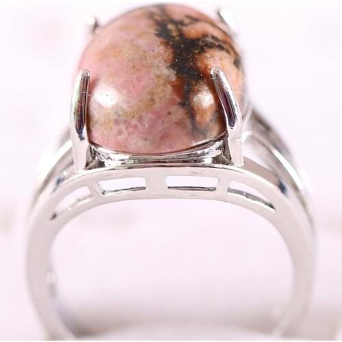 1Pcs Ring Jewelry For Women Gift Natural Oval Cabochon CAB Bead Pink Rhodonite Stone Adjustable Finger Ring K183