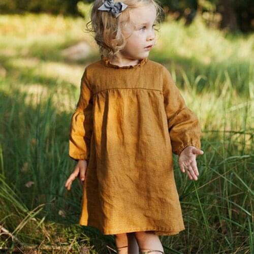 Korean Style Kids Party Dresses Linen Cotton Long Sleeve Toddler Baby Princess Dress Spring Autumn Baby Girls Casual Dress