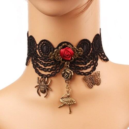Gothic Statement Necklaces For Women Vintage Rose Flower Dancer Pendants Necklace Charm Lace Choker Exaggerate Fashion Jewelry