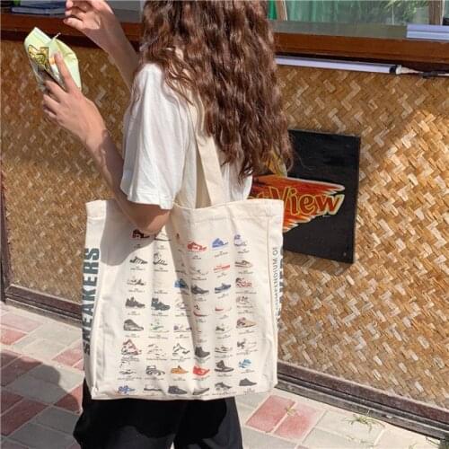 2021 Women Canvas Shoulder Shopper Bags Female Girls Creative Camera Shoes Printing Purses Handbag Reusable Large Capacity Tote