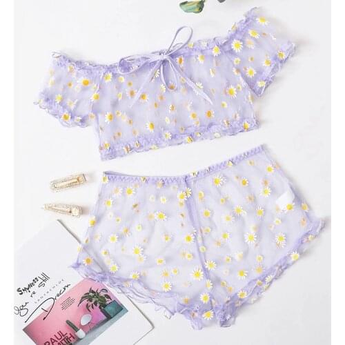 Bra set Womens Underwear Cute Daisy Embroidery Lingerie set Off-Shoulder Bralette Top+Shorts Transparent Mesh Sexy Lingerie