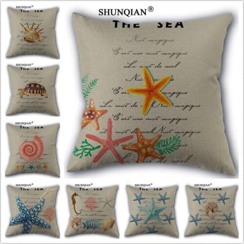 Linen Cotton Starfish Conch Turtle Pillow Cover Custom Print Home Decorative Pillows Cases 45x45cm one side YSJ417-6