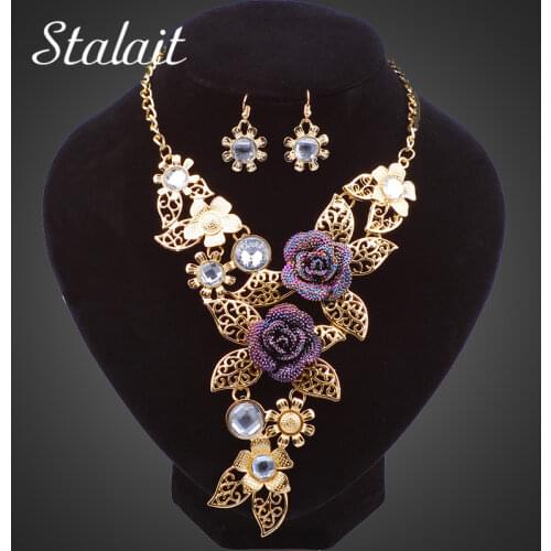 Fashion Multilayer Gold Color Purple Crystal Rhinestone Leave Bohemia Flower Statement Necklaces Jewelry Set For Women Wedding