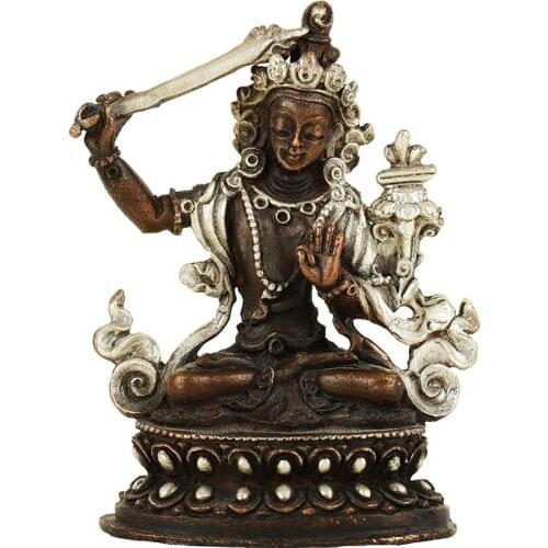 Nepal Imported Small Buddha Statue Manjusri Bodhisattva Ornaments Tibetan Tantra Vintage Gilt Silver Bronze