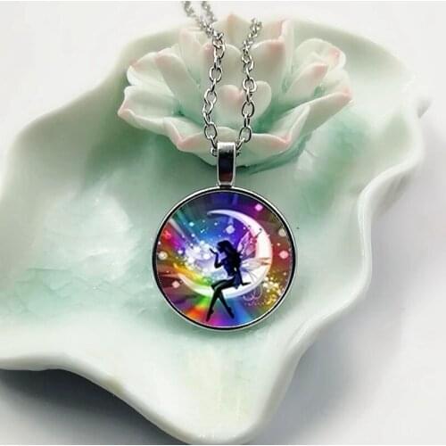 2019 New Fashion Pop Rainbow Fairy Moon Elf Glass Convex Round Pendant Necklace