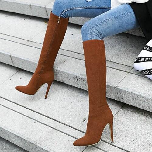 New Ladies Sexy Stiletto High-Heel Knight Boots Faux Suede Zipper Knee High Boots Women Autumn Winter Warm Fashion Womens Shoes