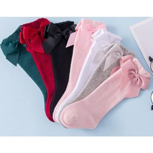 Baby Socks Solid Color Cotton Socks Cute Breathable Long Tube Socks with Bow For Girls 0-7 Years