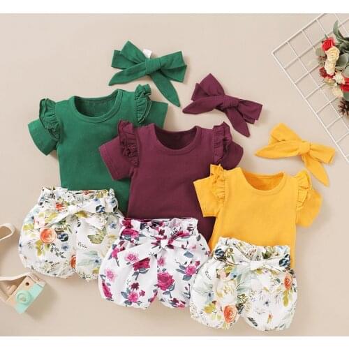 PatPat Solid Short-sleeve Top and Allover Shorts with Headband Set