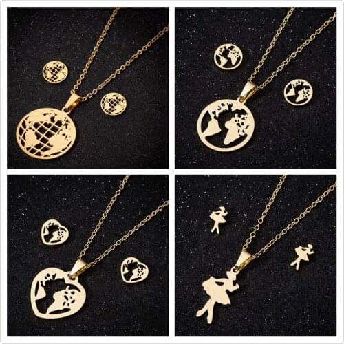 Oly2u Mapa Carte Parure Bijoux Dainty Women Gold Heart Circle Global World Map Steel Necklaces Jewelry Sets