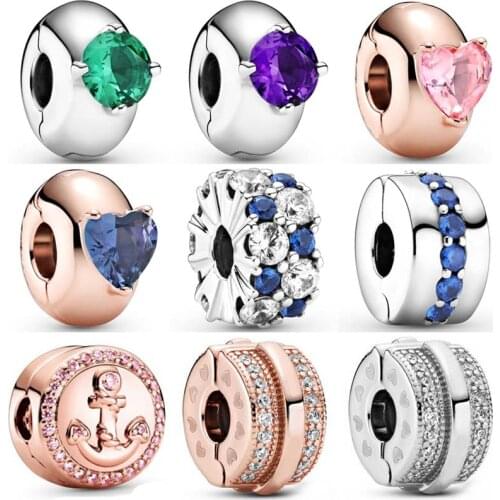 Diy Charm Multicolor Round Solitaire Pink Anchor Lines & Logo Clip 925 Sterling Silver Beads Fit Fashion Bracelet DIY Jewelry