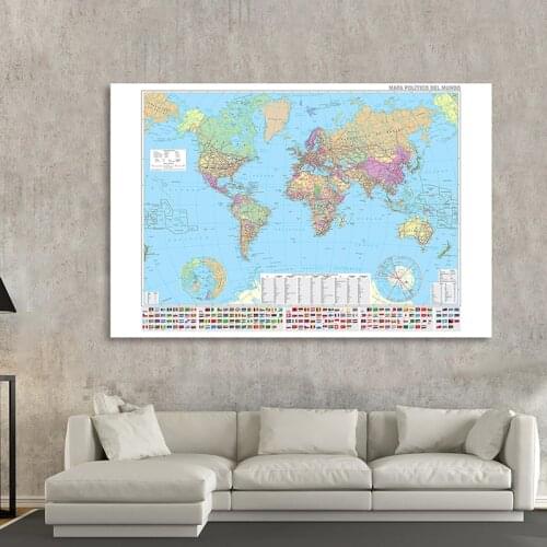 The Political World Map 225*150cm Wall Poster with National Flags In Spanish for Children Education Non-woven Canvas Painting