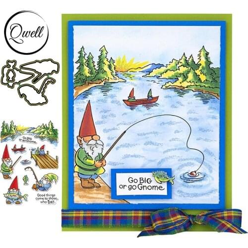 QWELL Santa Going Fishing Cutting Dies With Clear Transparent Stamps River Landscape DIY Scrapbooking Craft Paper Card 2020