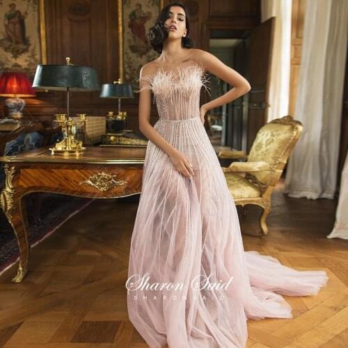 Luxury Dubai Blush Pink Evening Dress with Feathers Beading See Through Arabic Prom Formal Dresses for Women Wedding Party Gowns